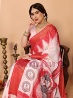 Off-White & Vermilion Red Handloom Linen Saree with Digital Goddess Saraswati Artwork & Zari Border – Festive Durga Puja Collection