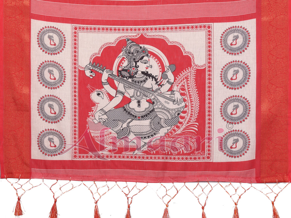 Off-White & Vermilion Red Handloom Linen Saree with Digital Goddess Saraswati Artwork & Zari Border – Festive Durga Puja Collection