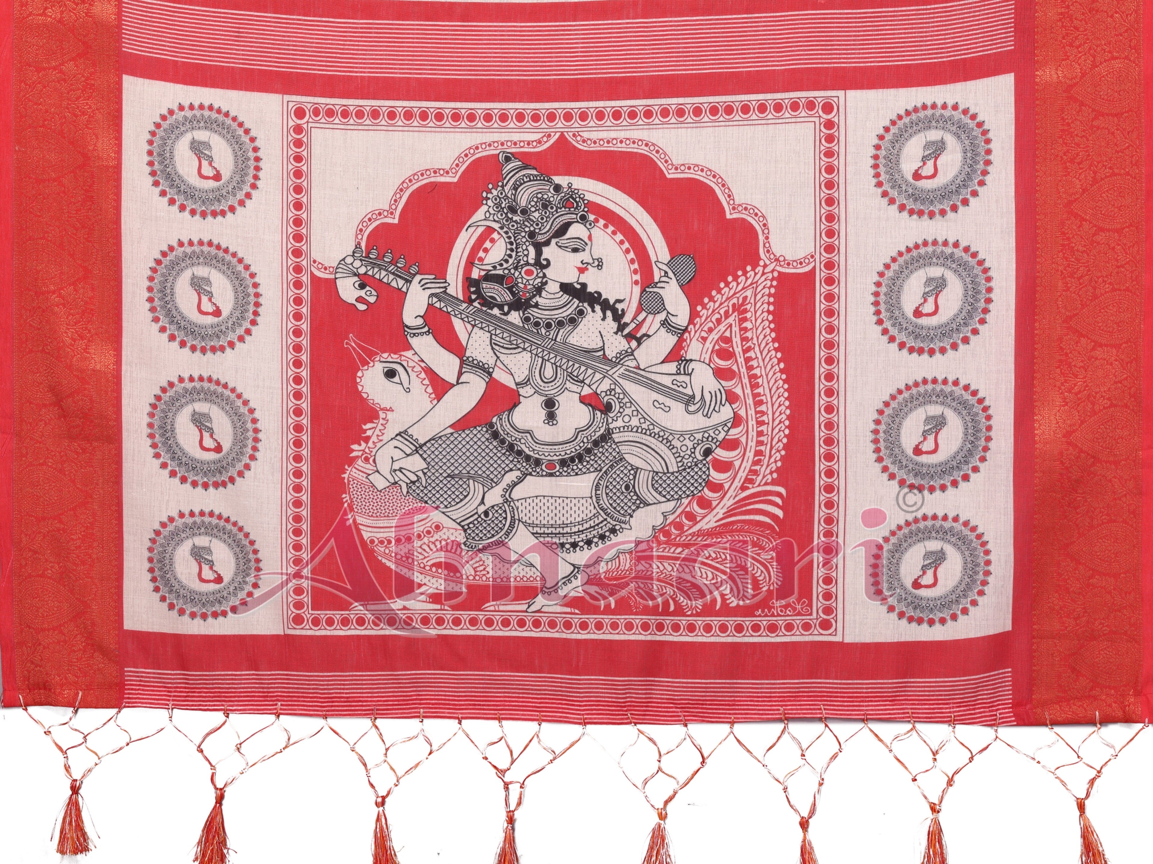 Off-White & Vermilion Red Handloom Linen Saree with Digital Goddess Saraswati Artwork & Zari Border – Festive Durga Puja Collection