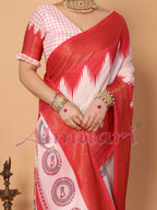 Off-White & Vermilion Red Handloom Linen Saree with Digital Goddess Saraswati Artwork & Zari Border – Festive Durga Puja Collection