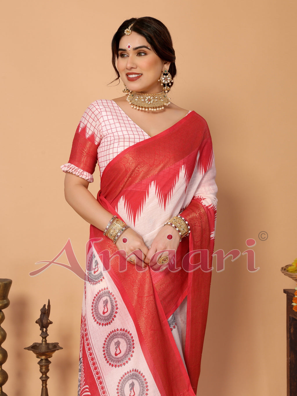Off-White & Vermilion Red Handloom Linen Saree with Digital Goddess Saraswati Artwork & Zari Border – Festive Durga Puja Collection