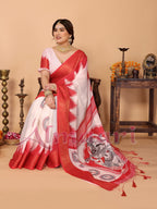 Off-White & Vermilion Red Handloom Linen Saree with Digital Goddess Saraswati Artwork & Zari Border – Festive Durga Puja Collection