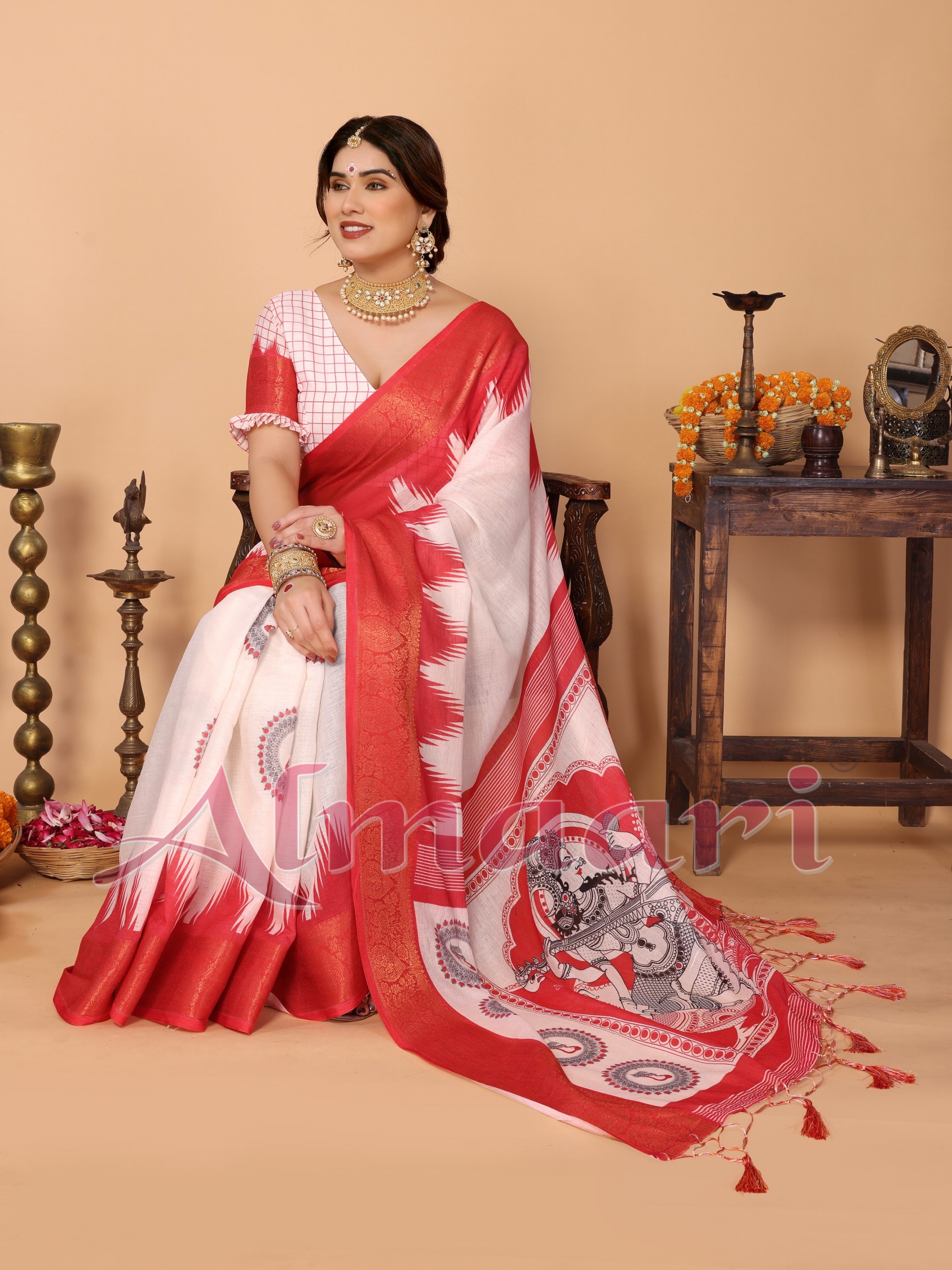 Off-White & Vermilion Red Handloom Linen Saree with Digital Goddess Saraswati Artwork & Zari Border – Festive Durga Puja Collection
