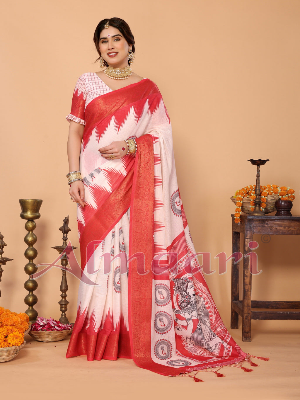 Off-White & Vermilion Red Handloom Linen Saree with Digital Goddess Saraswati Artwork & Zari Border – Festive Durga Puja Collection