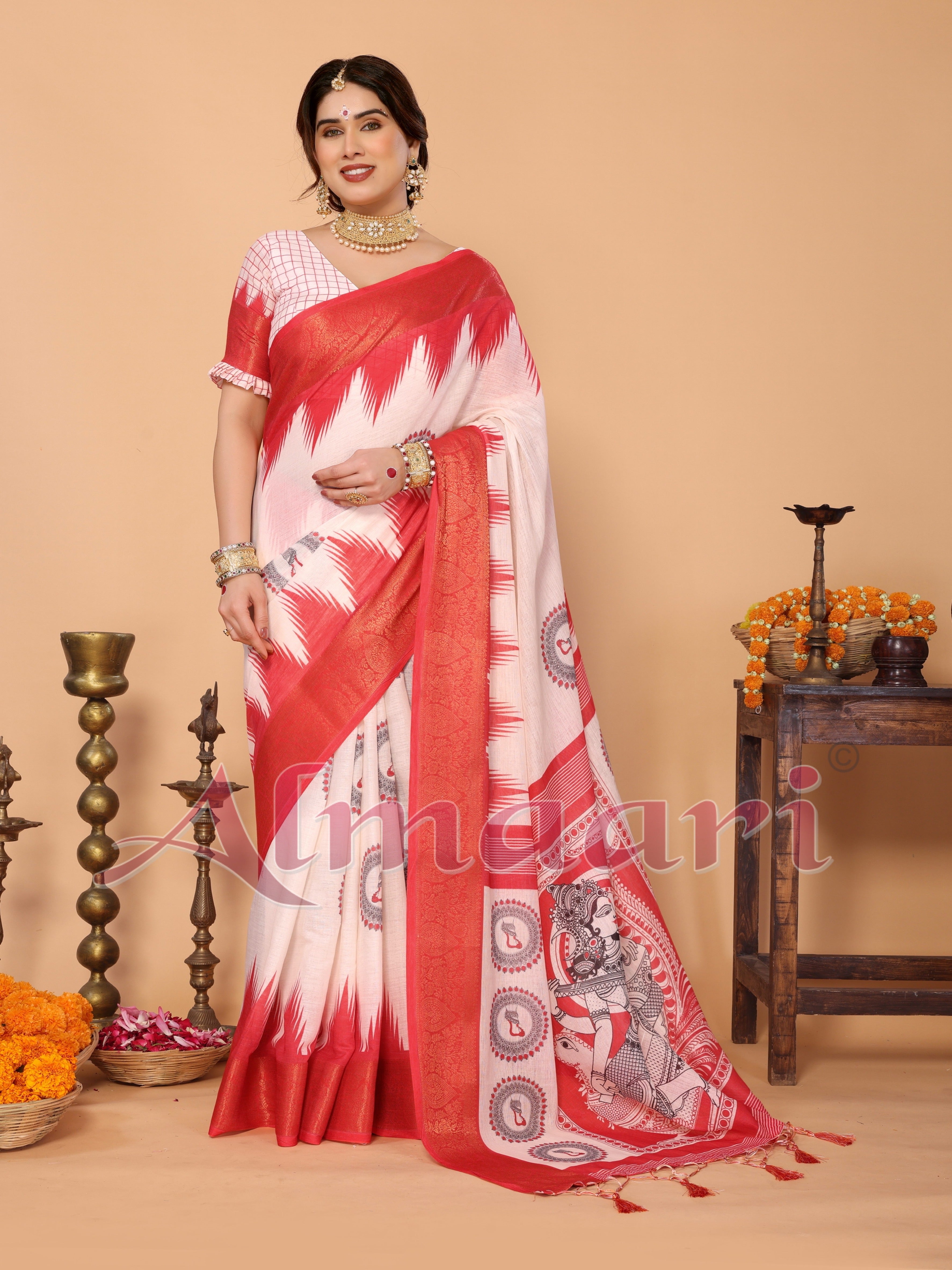 Off-White & Vermilion Red Handloom Linen Saree with Digital Goddess Saraswati Artwork & Zari Border – Festive Durga Puja Collection