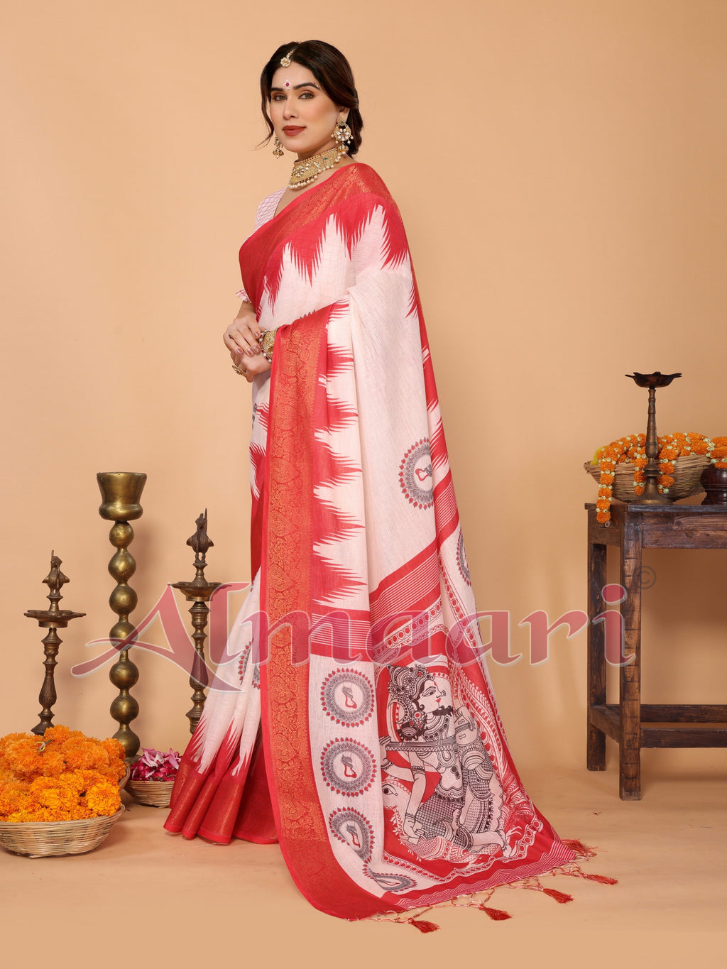 Off-White & Vermilion Red Handloom Linen Saree with Digital Goddess Saraswati Artwork & Zari Border – Festive Durga Puja Collection
