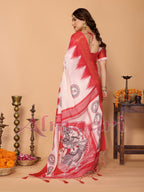 Off-White & Vermilion Red Handloom Linen Saree with Digital Goddess Saraswati Artwork & Zari Border – Festive Durga Puja Collection