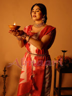 White & Red Handloom Linen Saree with Durga Shloka Print and Zari Border | Festive Pallu with Tassels