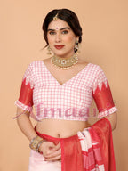 Off-White & Vermilion Red Handloom Linen Saree with Digital Goddess Saraswati Artwork & Zari Border – Festive Durga Puja Collection