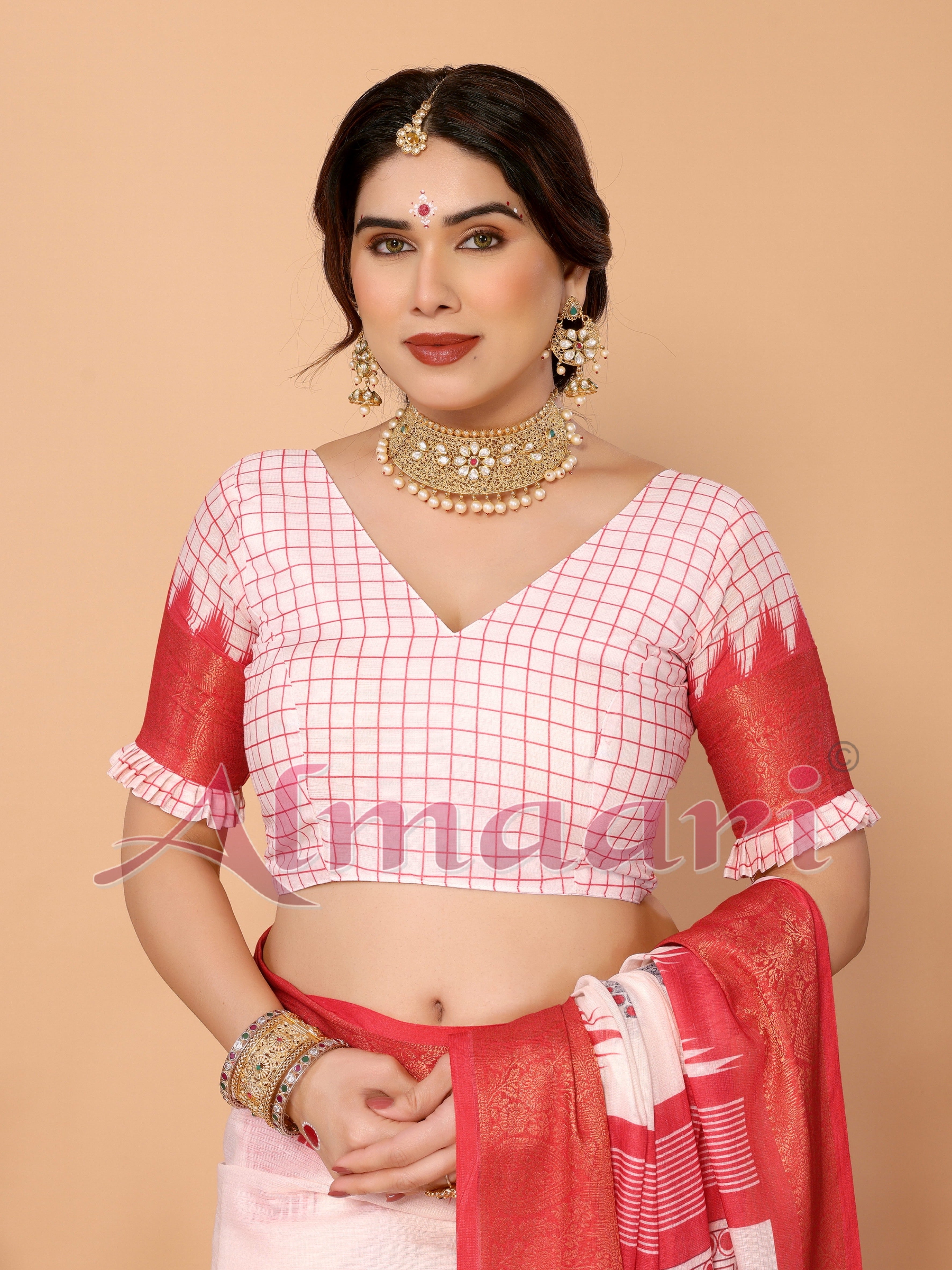 Off-White & Vermilion Red Handloom Linen Saree with Digital Goddess Saraswati Artwork & Zari Border – Festive Durga Puja Collection