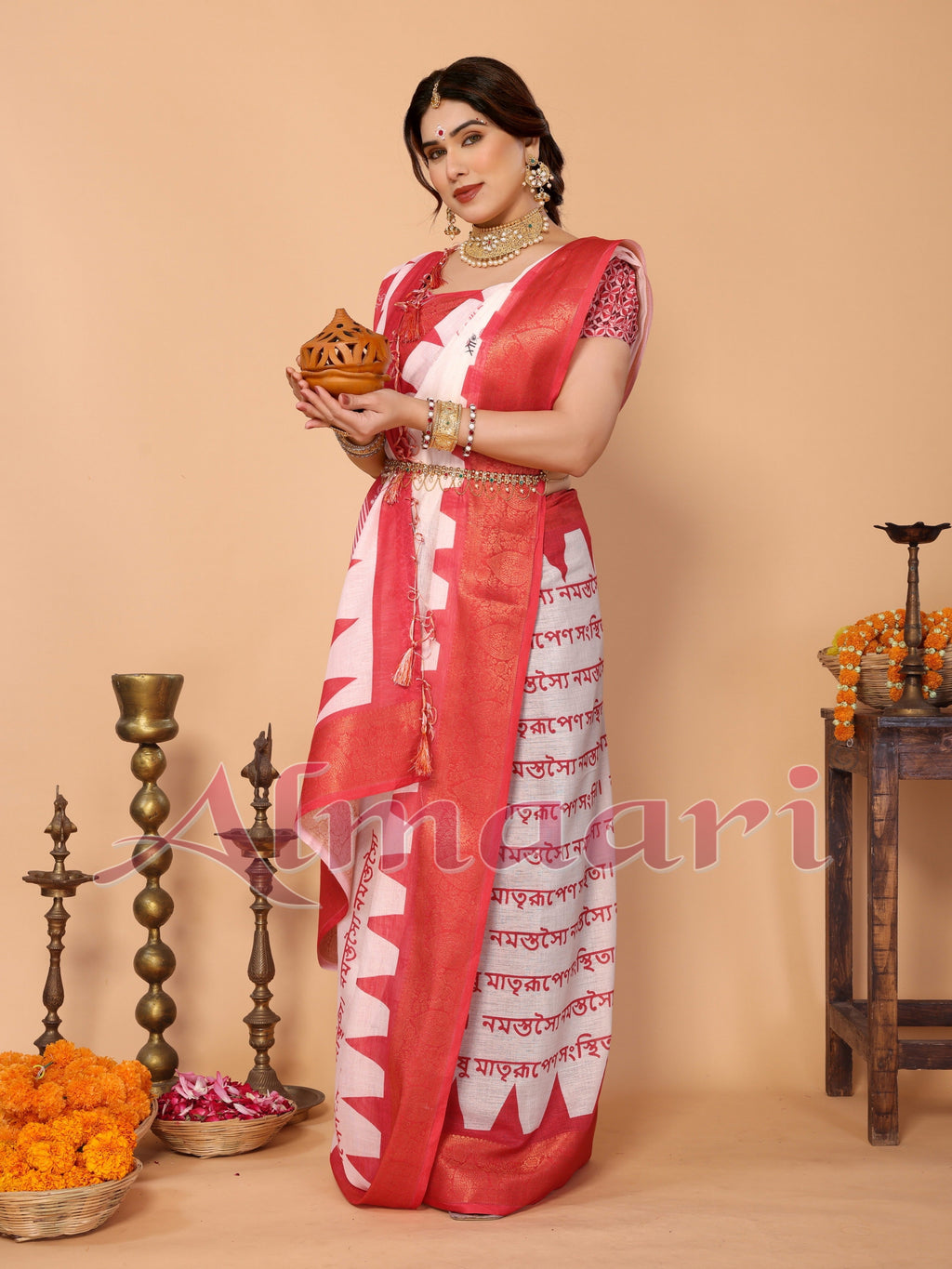 White & Red Handloom Linen Saree with Durga Shloka Print and Zari Border | Festive Pallu with Tassels