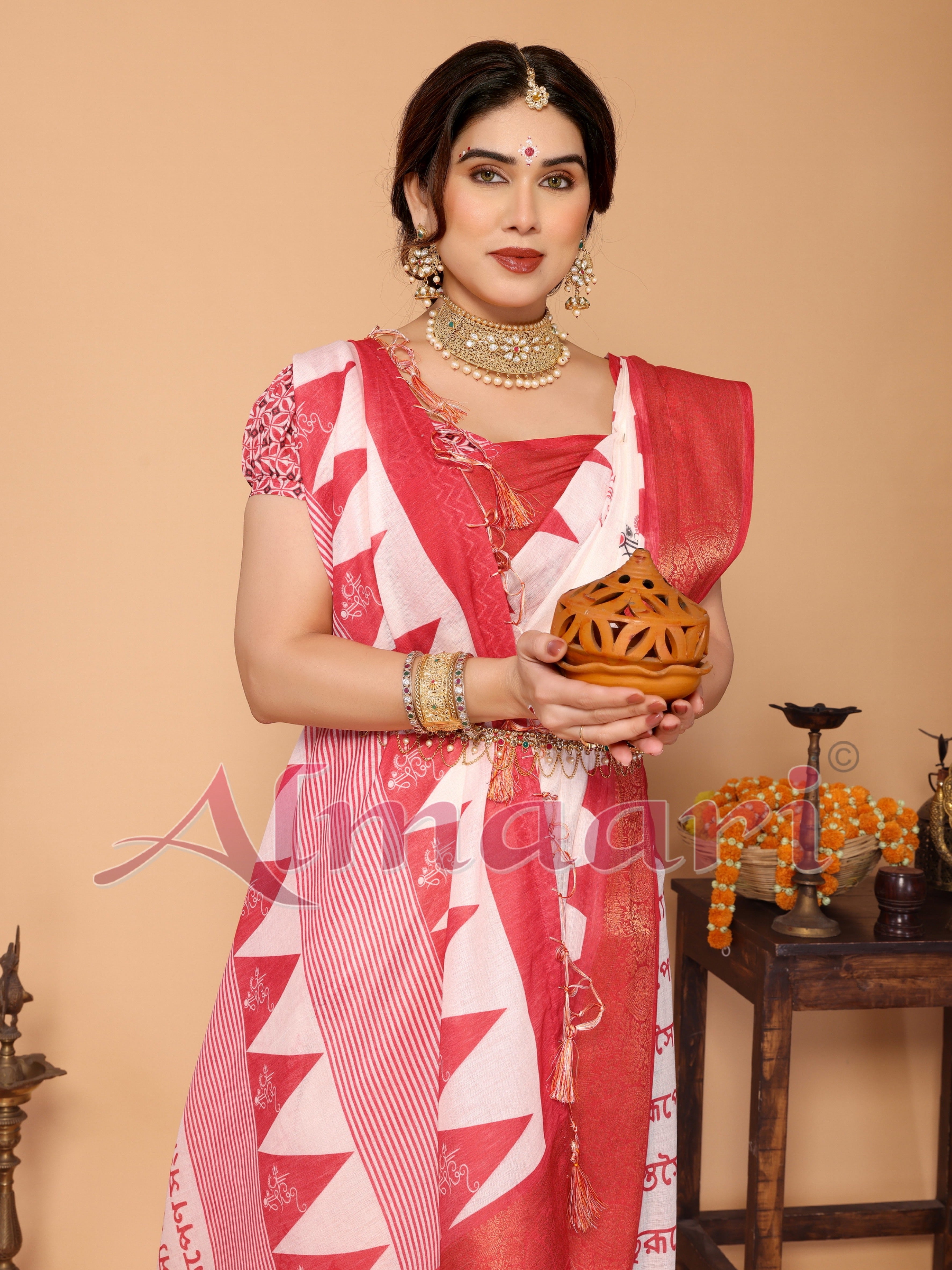 White & Red Handloom Linen Saree with Durga Shloka Print and Zari Border | Festive Pallu with Tassels