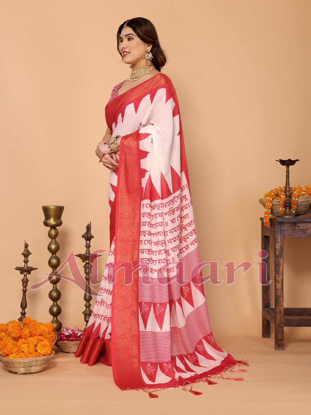 White & Red Handloom Linen Saree with Durga Shloka Print and Zari Border | Festive Pallu with Tassels