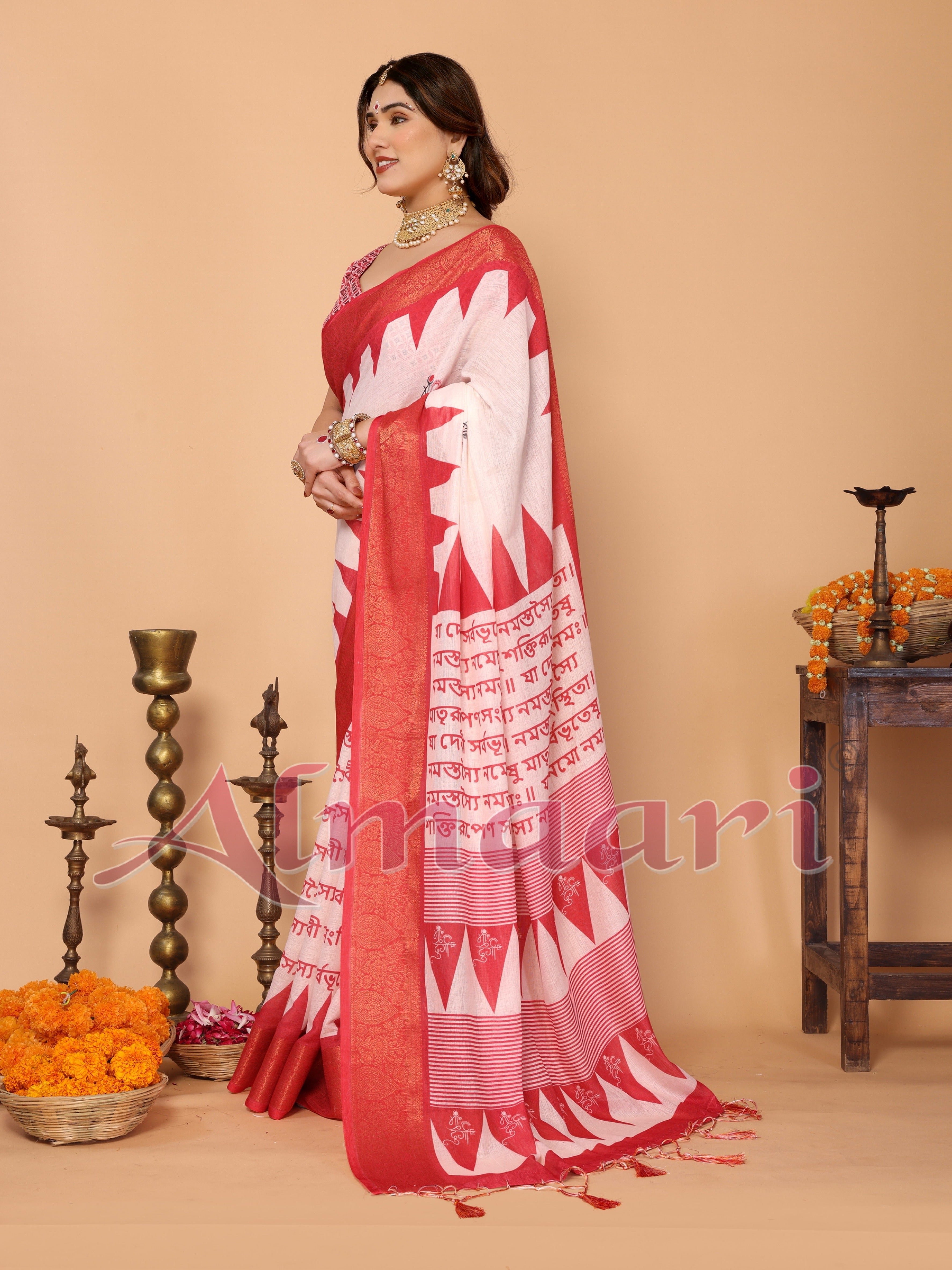 White & Red Handloom Linen Saree with Durga Shloka Print and Zari Border | Festive Pallu with Tassels