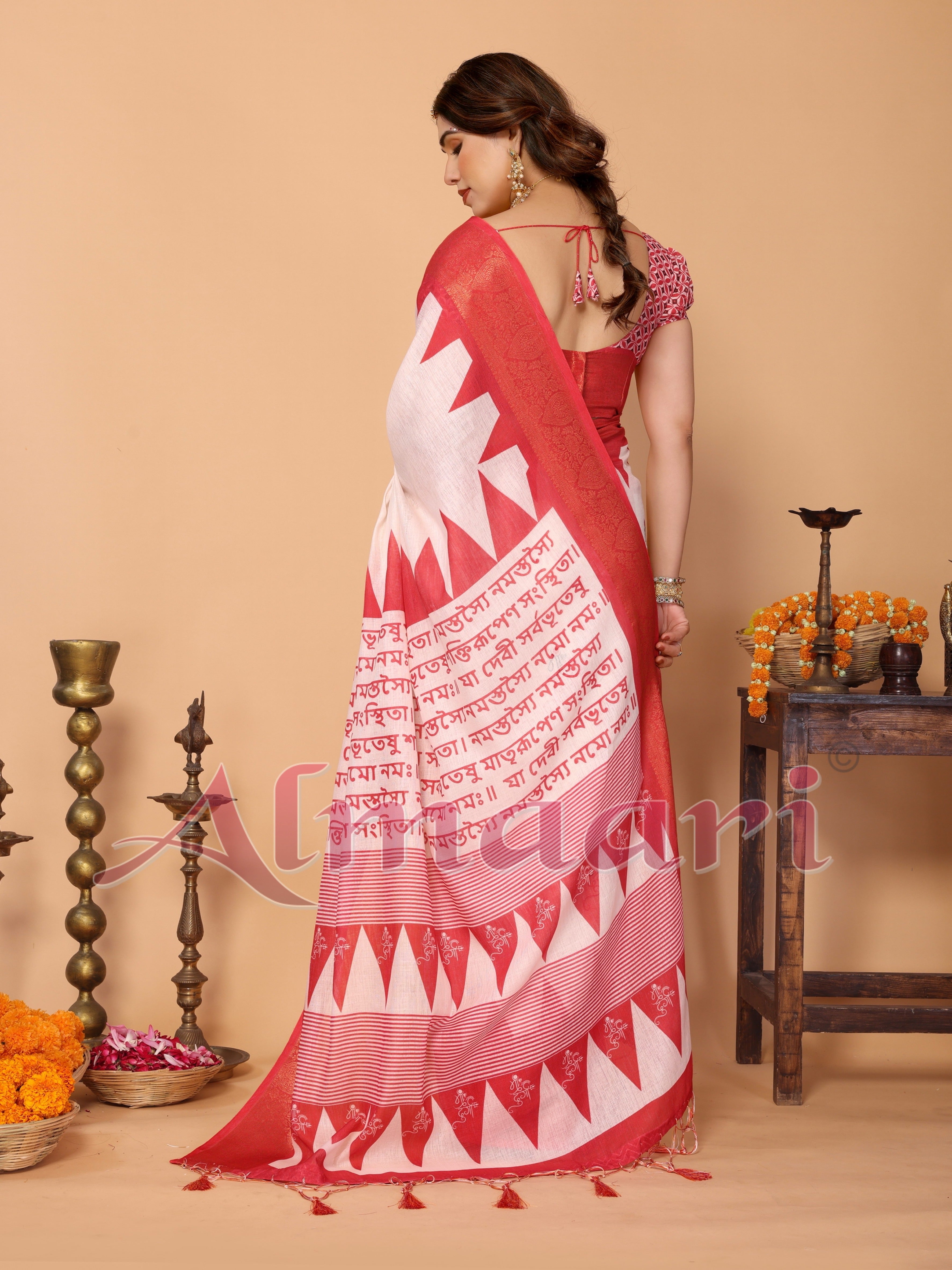 White & Red Handloom Linen Saree with Durga Shloka Print and Zari Border | Festive Pallu with Tassels