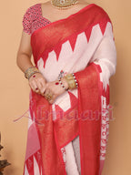 White & Red Handloom Linen Saree with Durga Shloka Print and Zari Border | Festive Pallu with Tassels