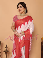 White & Red Handloom Linen Saree with Durga Shloka Print and Zari Border | Festive Pallu with Tassels