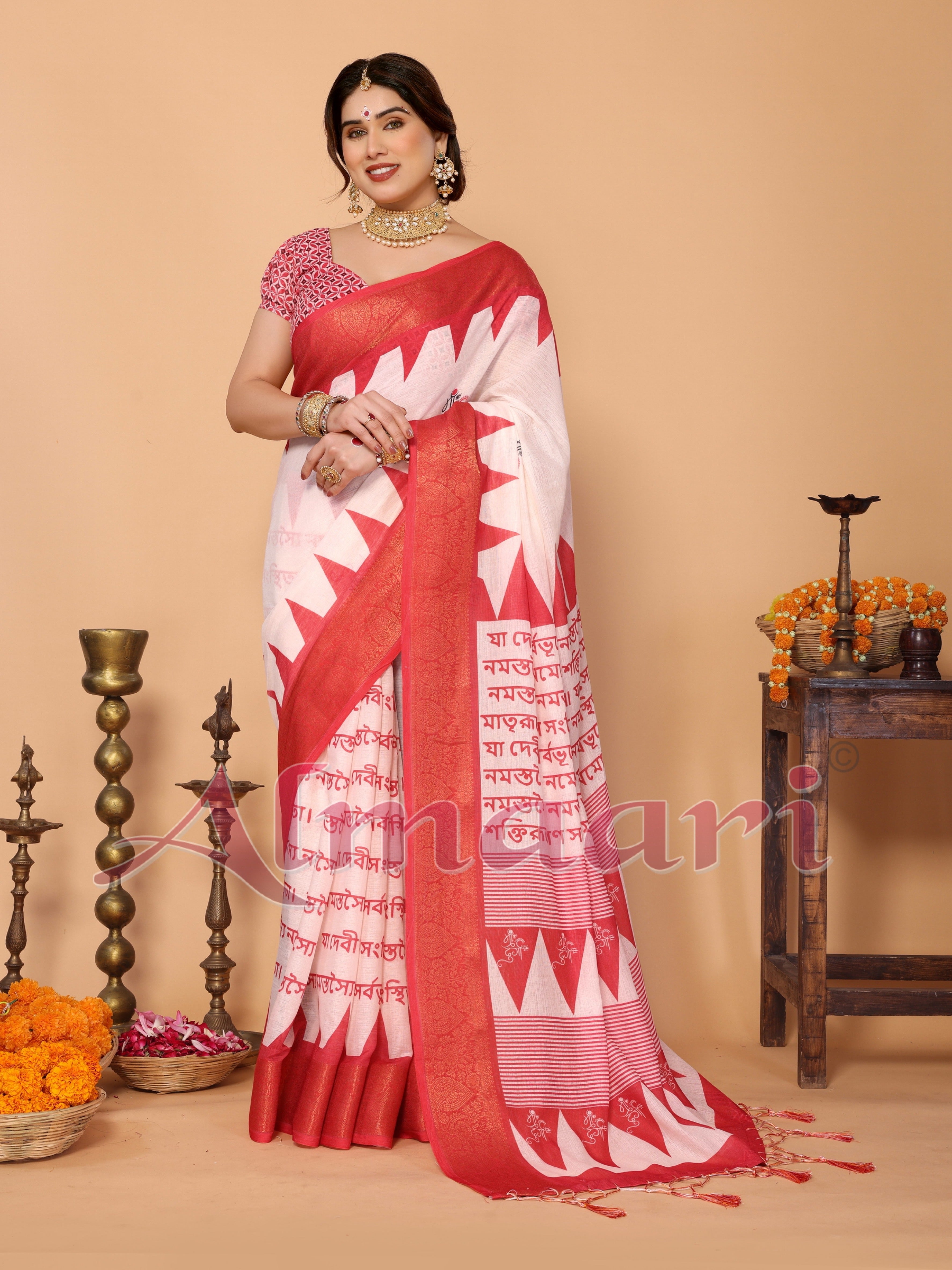 White & Red Handloom Linen Saree with Durga Shloka Print and Zari Border | Festive Pallu with Tassels