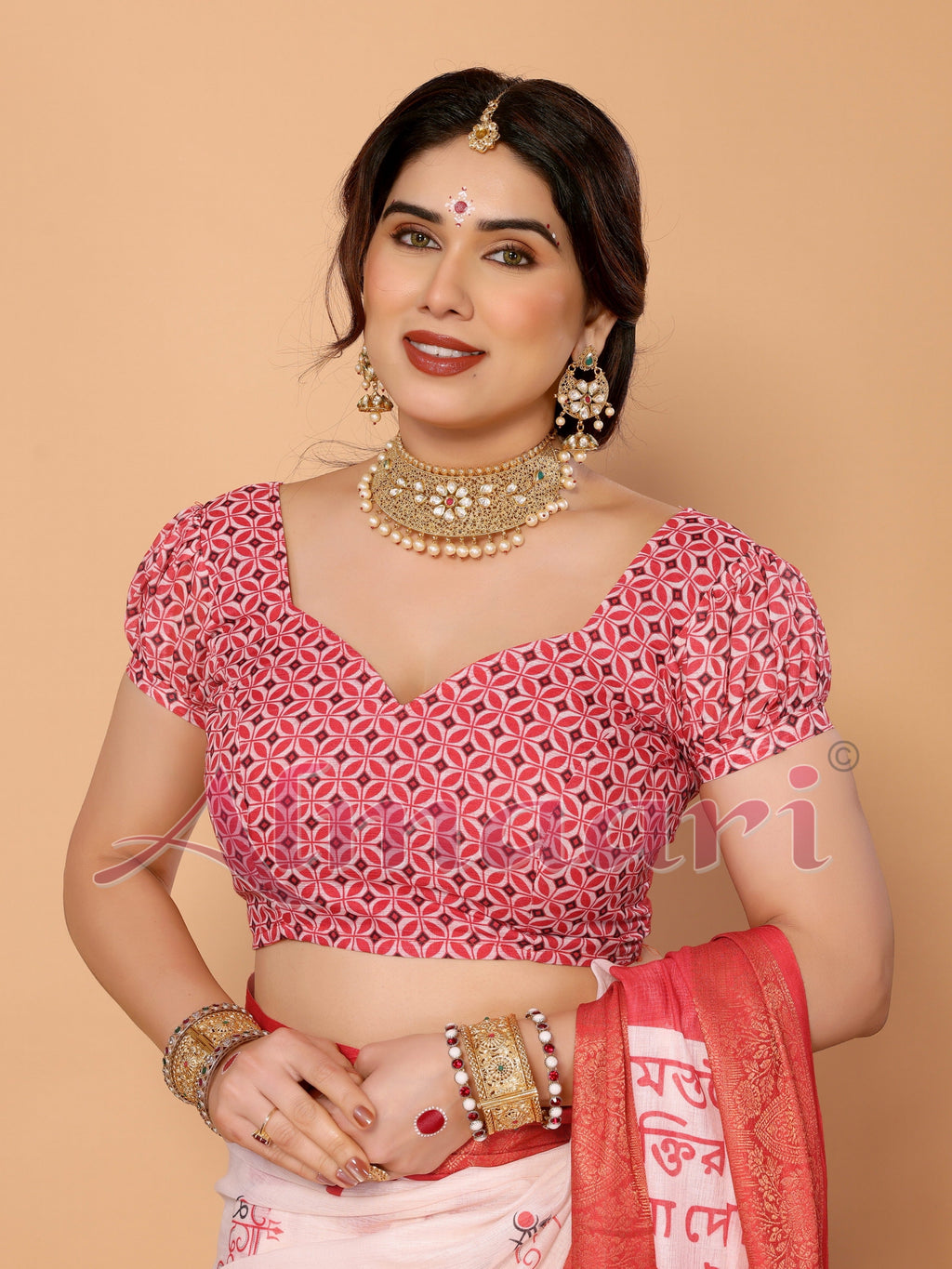 White & Red Handloom Linen Saree with Durga Shloka Print and Zari Border | Festive Pallu with Tassels