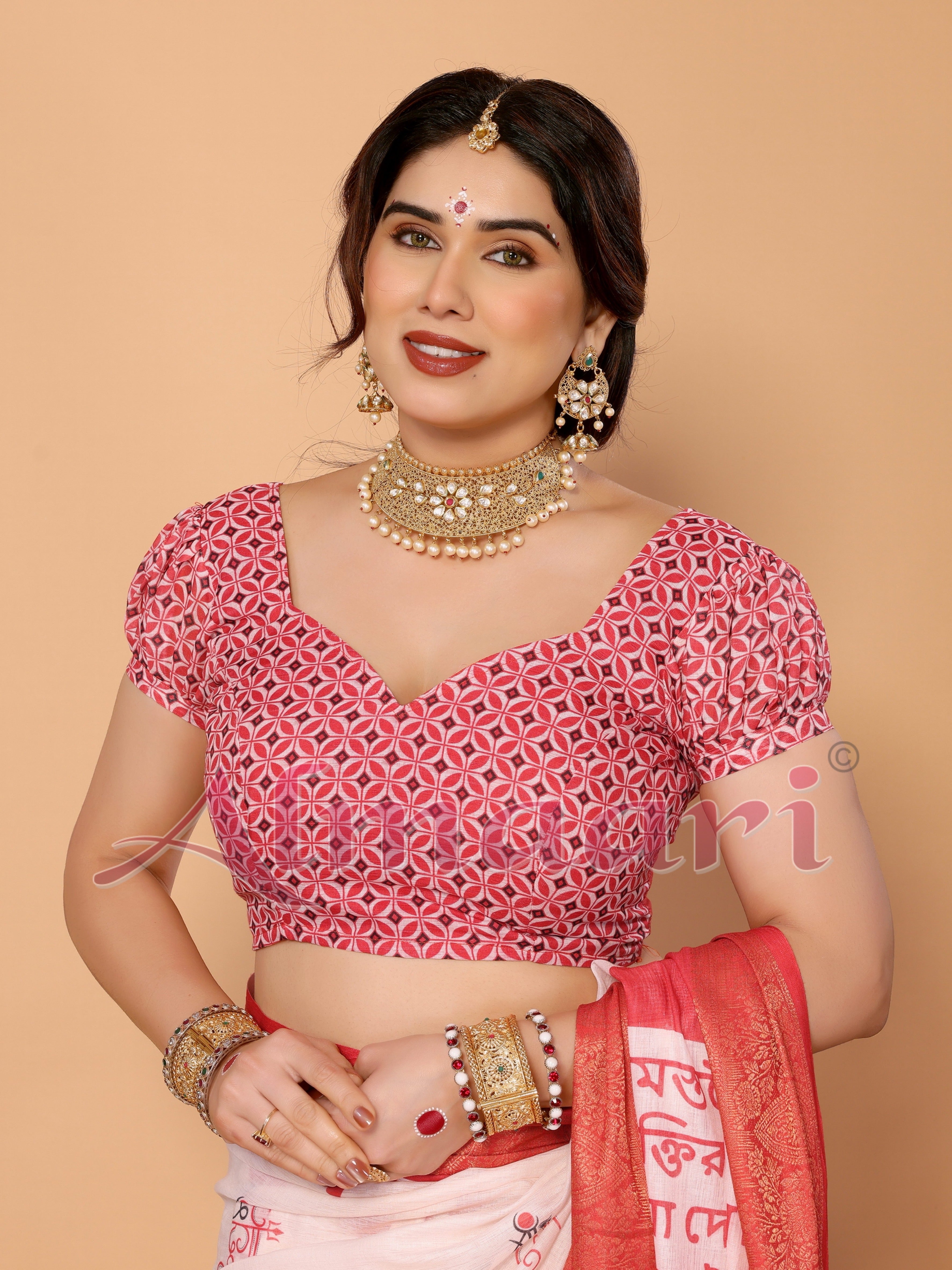 White & Red Handloom Linen Saree with Durga Shloka Print and Zari Border | Festive Pallu with Tassels