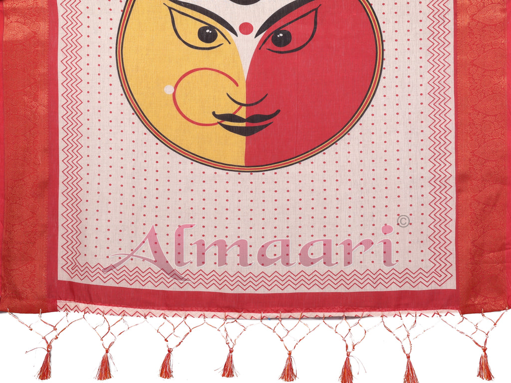 Ivory & Vermilion Polka Handloom Linen Saree with Durga Face Digital Print & Zari Border – Festive Special