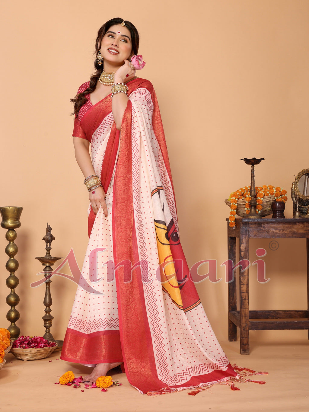 Ivory & Vermilion Polka Handloom Linen Saree with Durga Face Digital Print & Zari Border – Festive Special