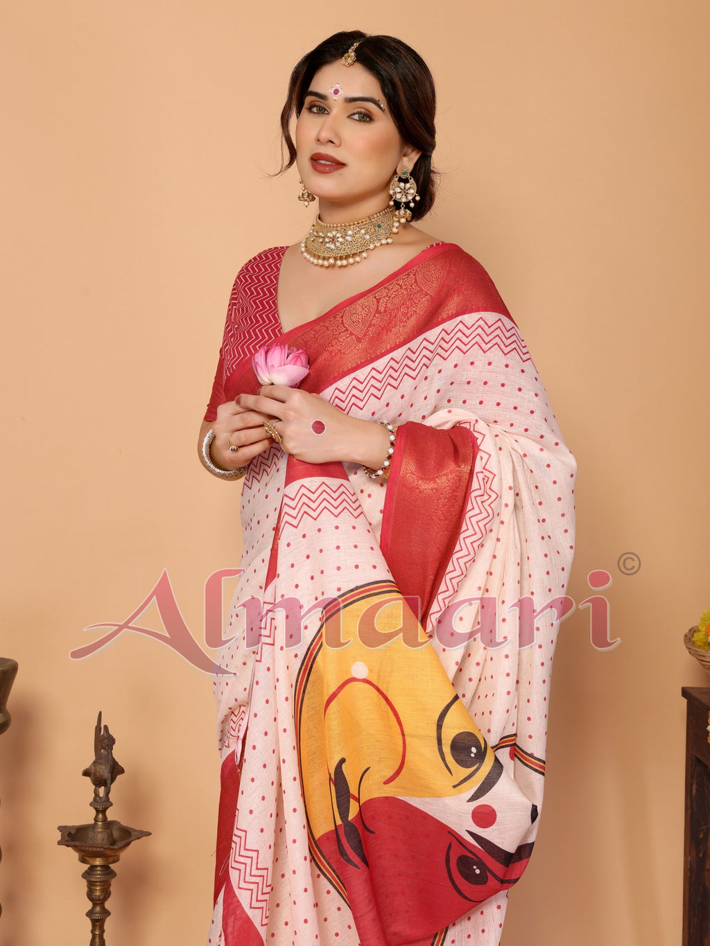 Ivory & Vermilion Polka Handloom Linen Saree with Durga Face Digital Print & Zari Border – Festive Special