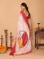 Ivory & Vermilion Polka Handloom Linen Saree with Durga Face Digital Print & Zari Border – Festive Special