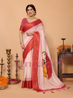Ivory & Vermilion Polka Handloom Linen Saree with Durga Face Digital Print & Zari Border – Festive Special