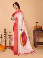 Ivory & Vermilion Polka Handloom Linen Saree with Durga Face Digital Print & Zari Border – Festive Special