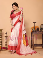 Ivory & Vermilion Polka Handloom Linen Saree with Durga Face Digital Print & Zari Border – Festive Special