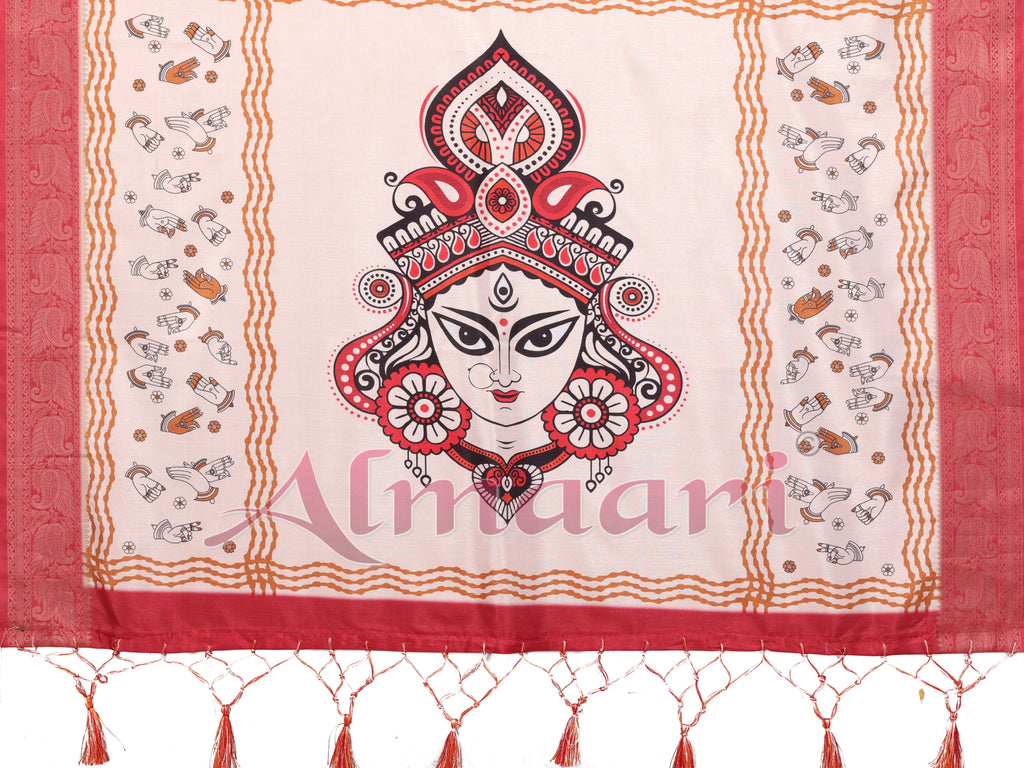 Off-White & Red Tussar Silk Durga Puja Saree with Divine Maa Durga Pallu & Zari Border | Printed Festive Drape with Tassels