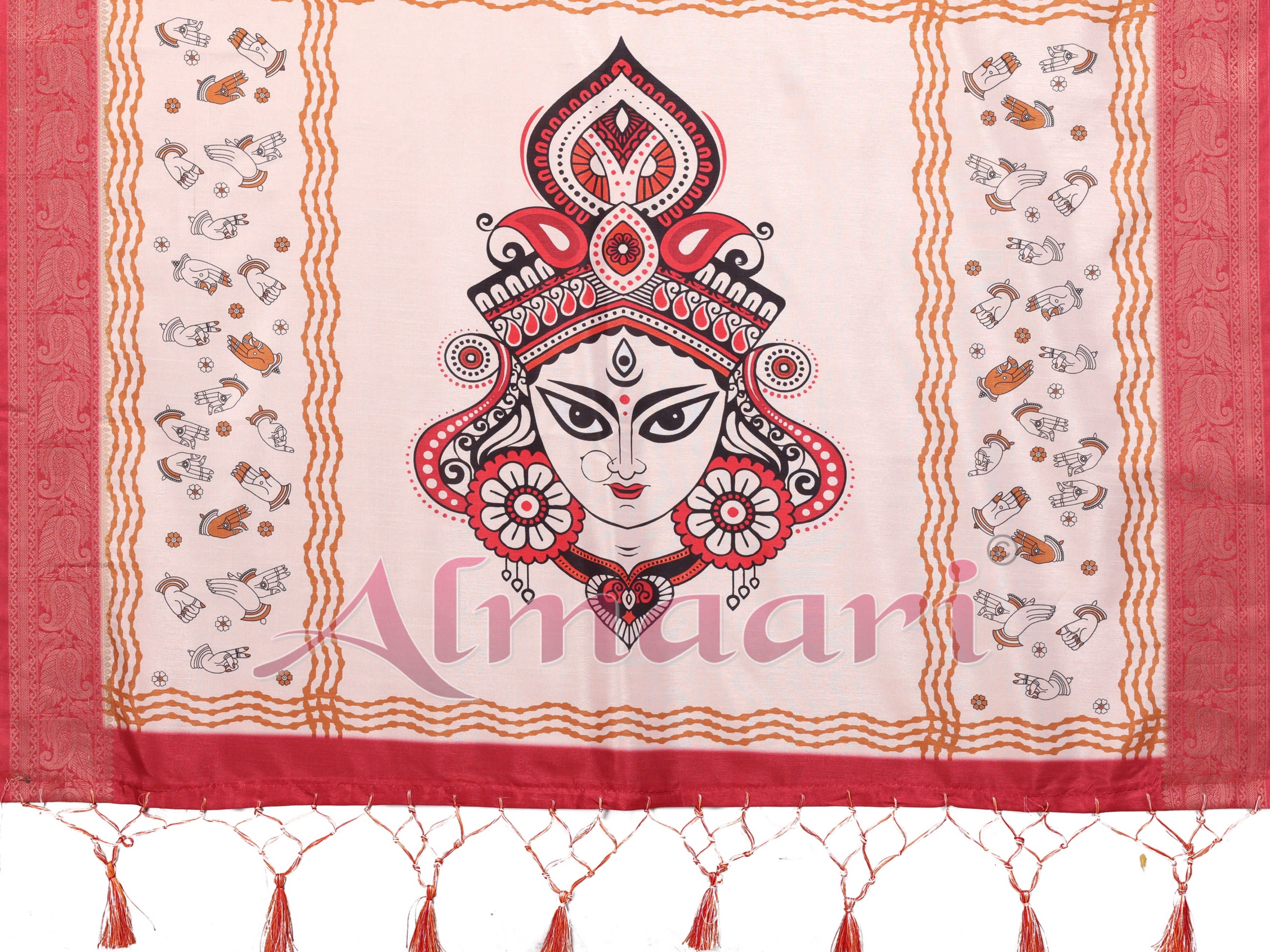 Off-White & Red Tussar Silk Durga Puja Saree with Divine Maa Durga Pallu & Zari Border | Printed Festive Drape with Tassels