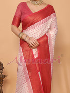 Ivory & Vermilion Polka Handloom Linen Saree with Durga Face Digital Print & Zari Border – Festive Special