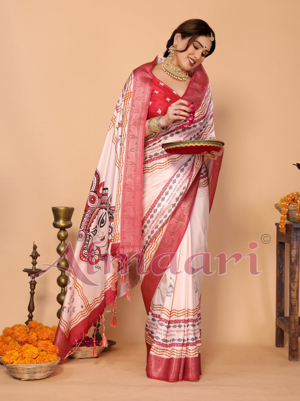 Off-White & Red Tussar Silk Durga Puja Saree with Divine Maa Durga Pallu & Zari Border | Printed Festive Drape with Tassels