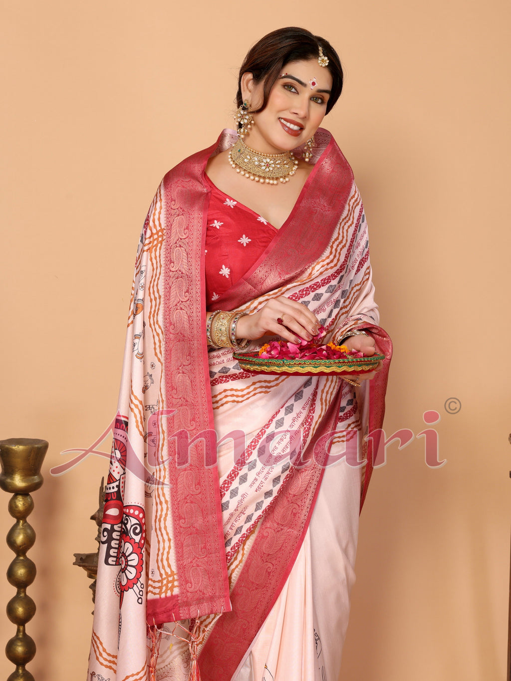 Off-White & Red Tussar Silk Durga Puja Saree with Divine Maa Durga Pallu & Zari Border | Printed Festive Drape with Tassels