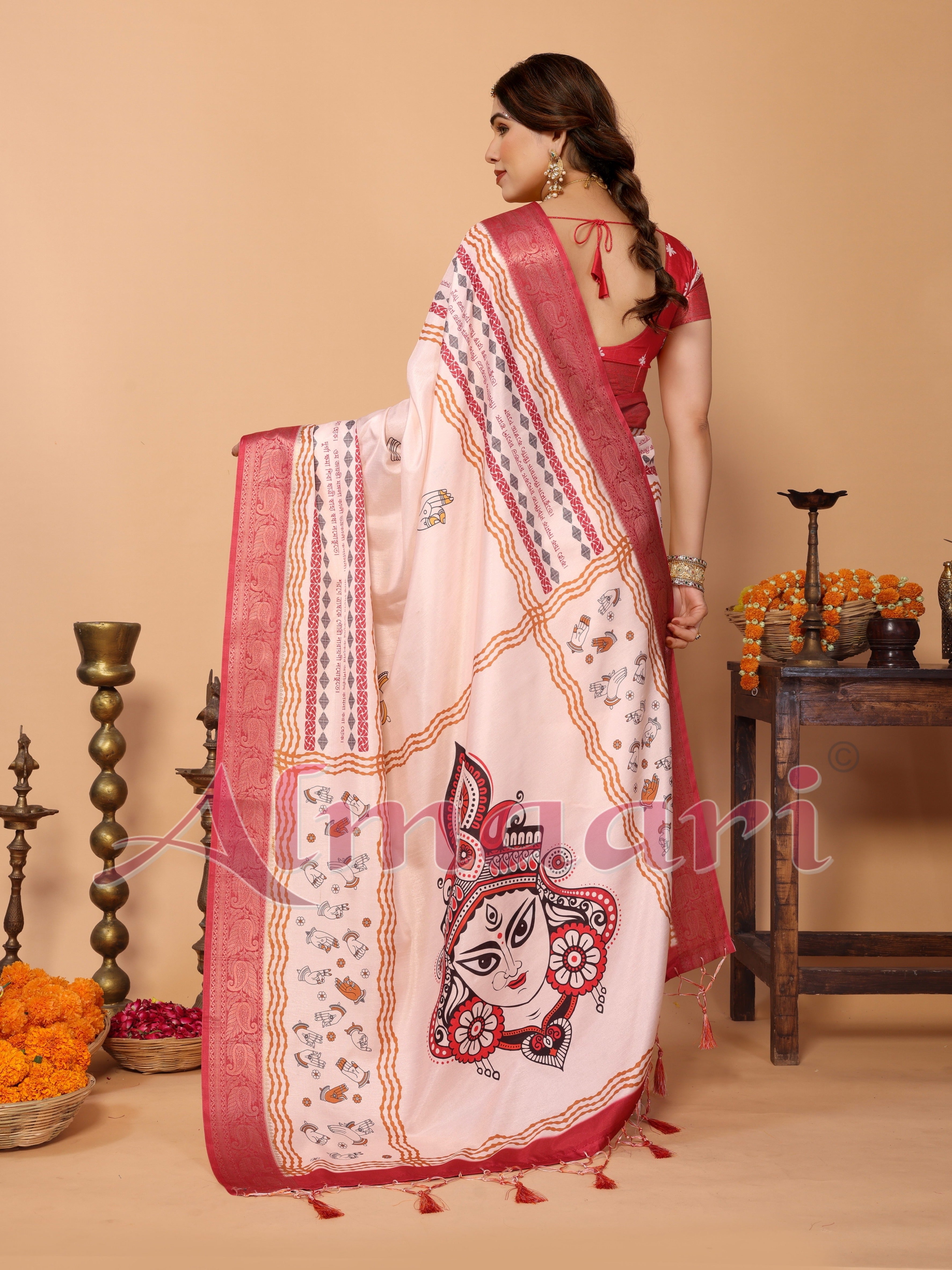 Off-White & Red Tussar Silk Durga Puja Saree with Divine Maa Durga Pallu & Zari Border | Printed Festive Drape with Tassels
