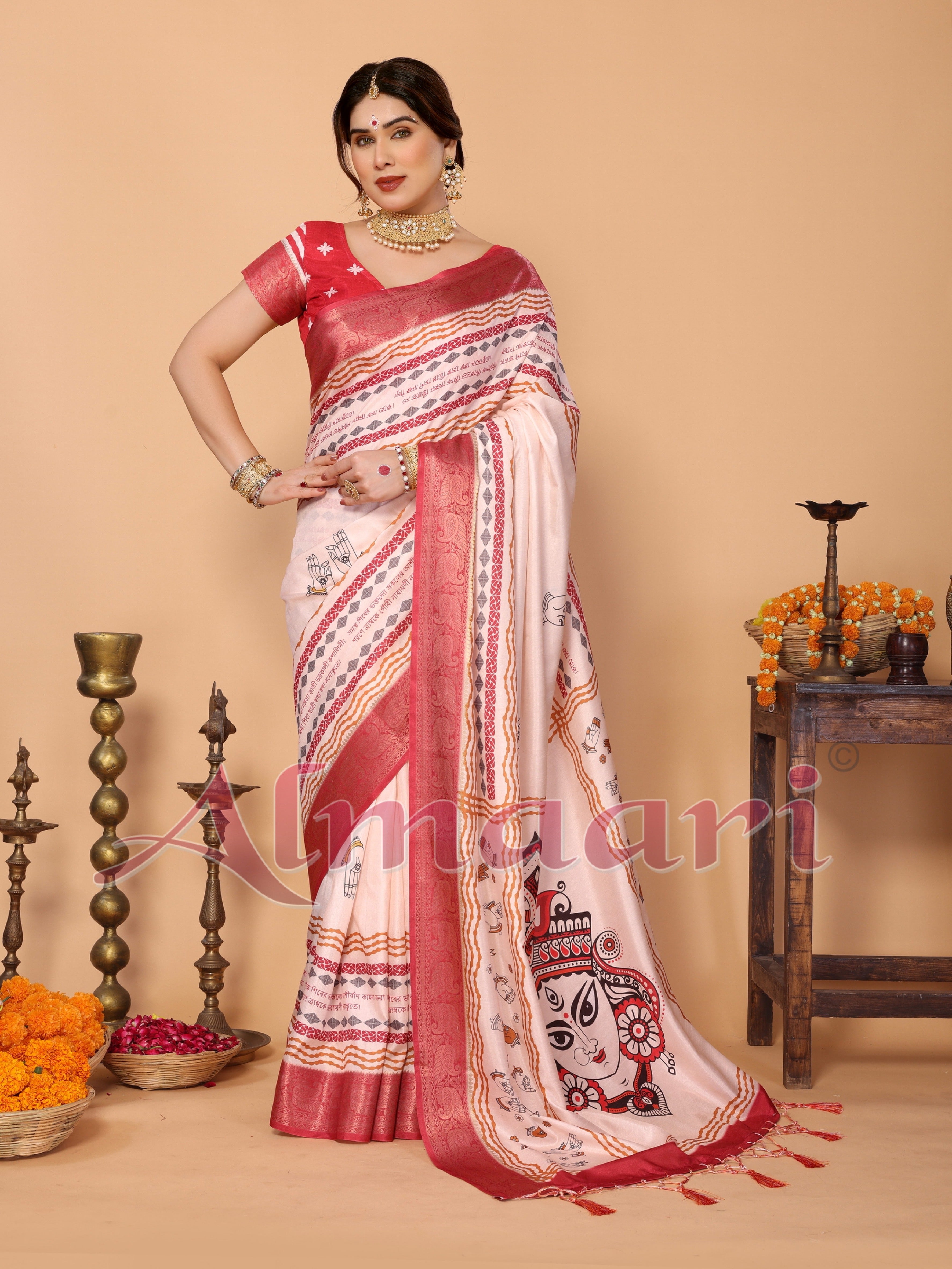Off-White & Red Tussar Silk Durga Puja Saree with Divine Maa Durga Pallu & Zari Border | Printed Festive Drape with Tassels
