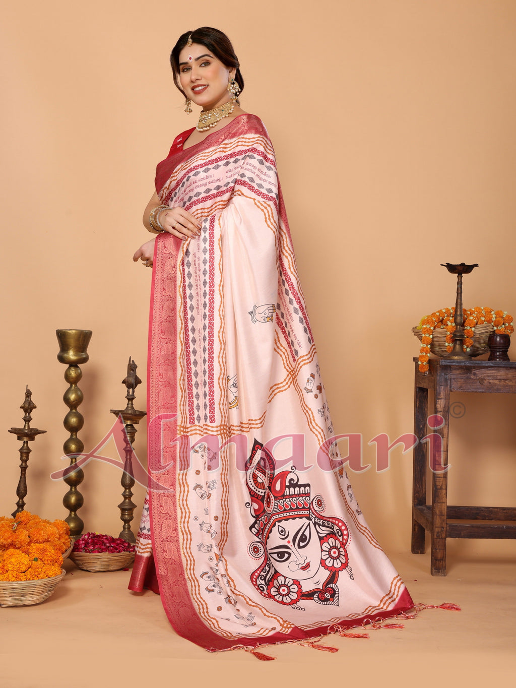 Off-White & Red Tussar Silk Durga Puja Saree with Divine Maa Durga Pallu & Zari Border | Printed Festive Drape with Tassels