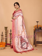 Off-White & Red Tussar Silk Durga Puja Saree with Divine Maa Durga Pallu & Zari Border | Printed Festive Drape with Tassels