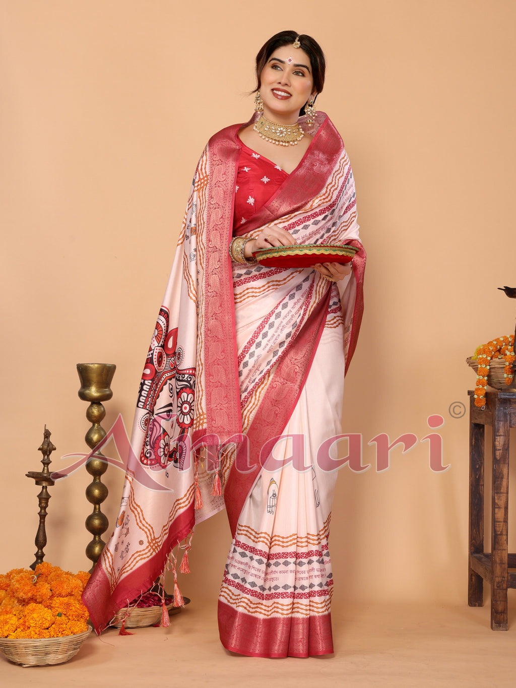 Off-White & Red Tussar Silk Durga Puja Saree with Divine Maa Durga Pallu & Zari Border | Printed Festive Drape with Tassels