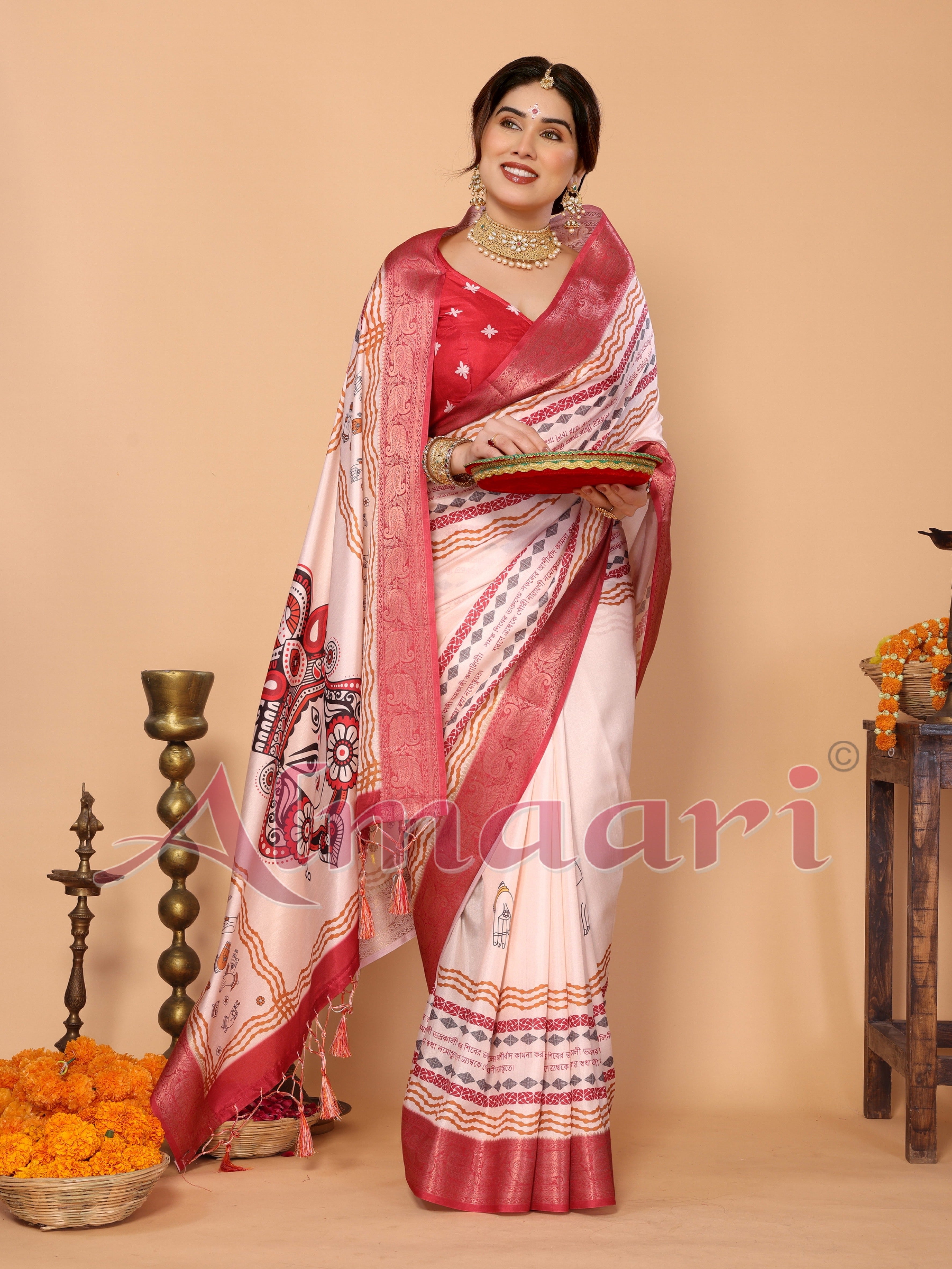 Off-White & Red Tussar Silk Durga Puja Saree with Divine Maa Durga Pallu & Zari Border | Printed Festive Drape with Tassels