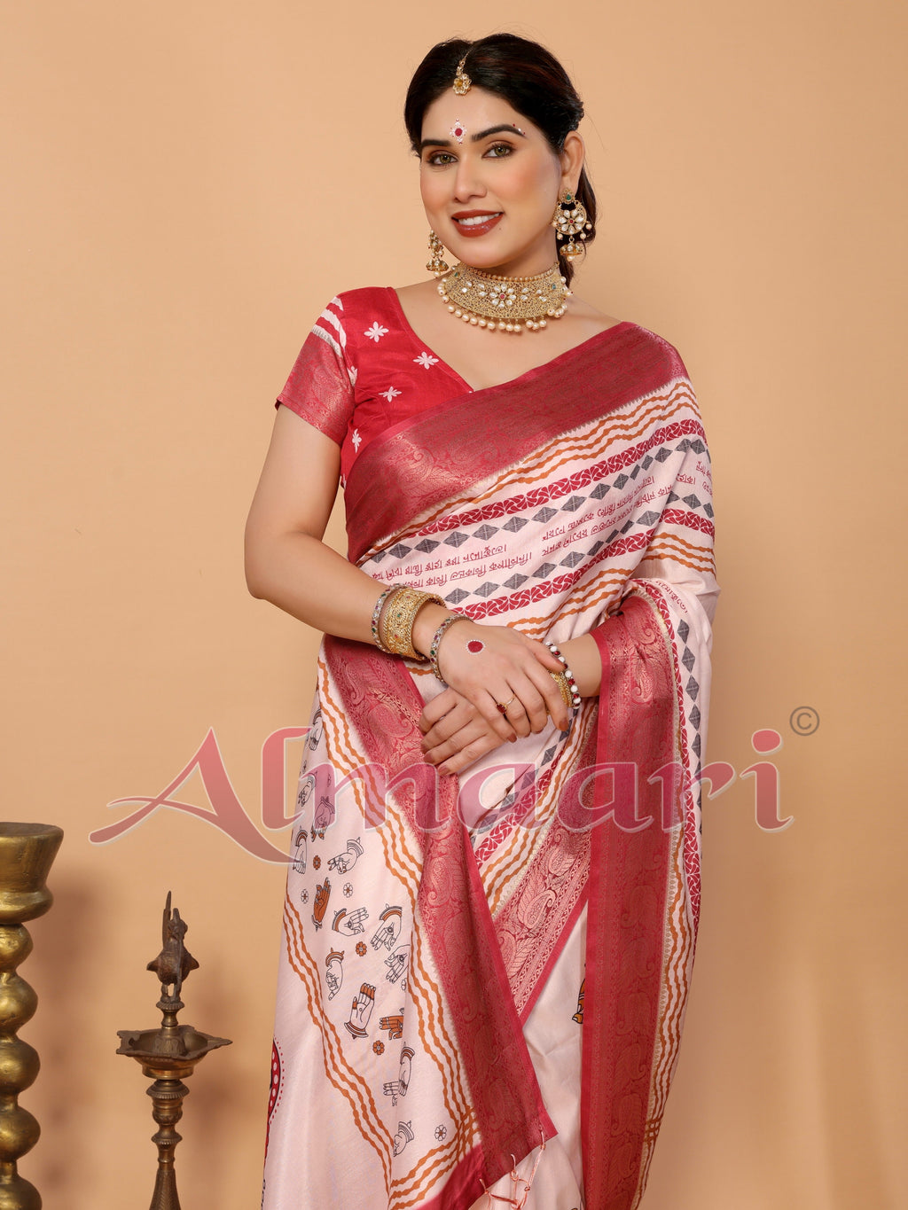 Off-White & Red Tussar Silk Durga Puja Saree with Divine Maa Durga Pallu & Zari Border | Printed Festive Drape with Tassels