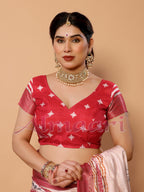 Off-White & Red Tussar Silk Durga Puja Saree with Divine Maa Durga Pallu & Zari Border | Printed Festive Drape with Tassels