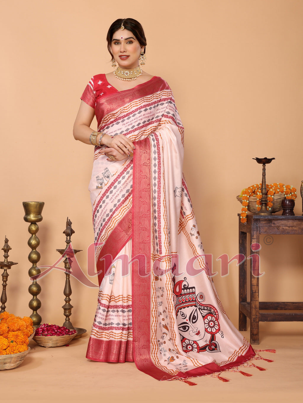 Off-White & Red Tussar Silk Durga Puja Saree with Divine Maa Durga Pallu & Zari Border | Printed Festive Drape with Tassels