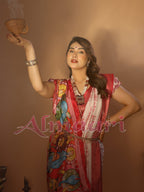 Off-White & Red Tussar Silk Saree with Kalighat-Style Devi Back Design & Sanskrit Mantra Pallu | Zari Border | Festive Tassels