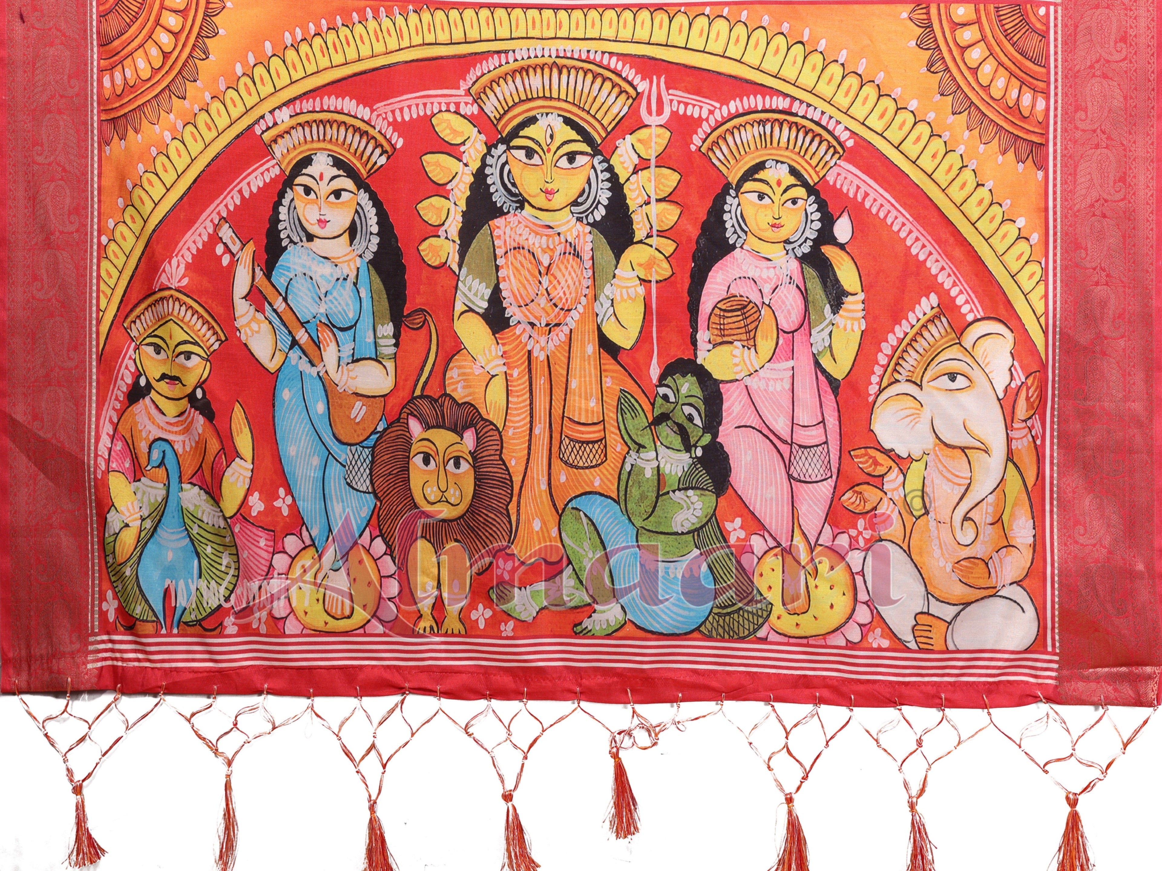 Off-White & Red Tussar Silk Saree with Kalighat-Style Devi Back Design & Sanskrit Mantra Pallu | Zari Border | Festive Tassels