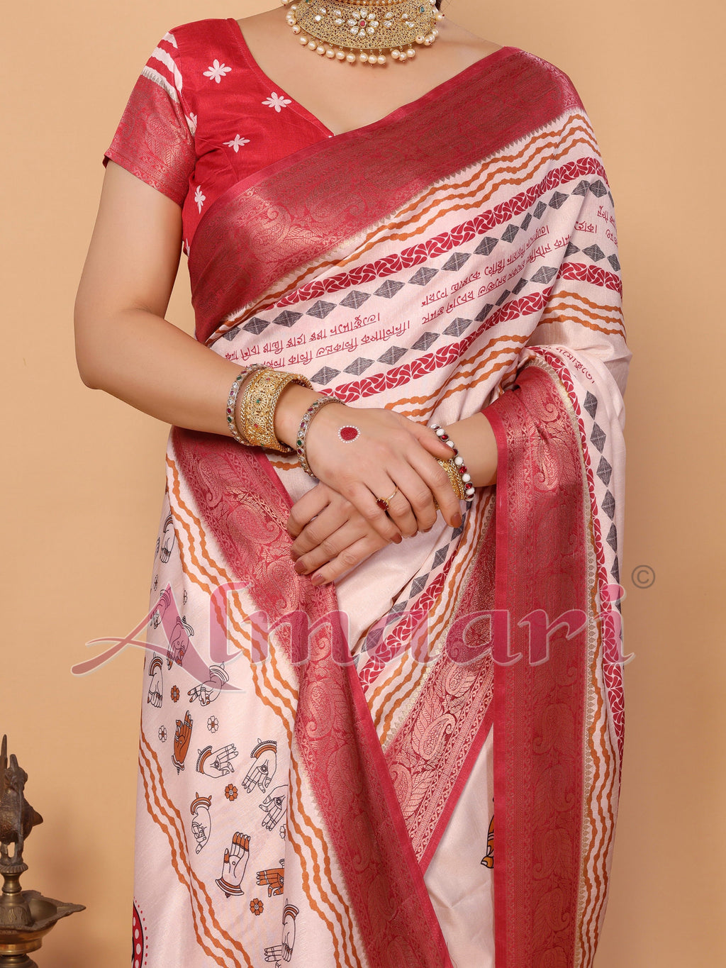 Off-White & Red Tussar Silk Durga Puja Saree with Divine Maa Durga Pallu & Zari Border | Printed Festive Drape with Tassels