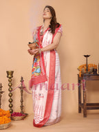 Off-White & Red Tussar Silk Saree with Kalighat-Style Devi Back Design & Sanskrit Mantra Pallu | Zari Border | Festive Tassels