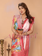 Off-White & Red Tussar Silk Saree with Kalighat-Style Devi Back Design & Sanskrit Mantra Pallu | Zari Border | Festive Tassels